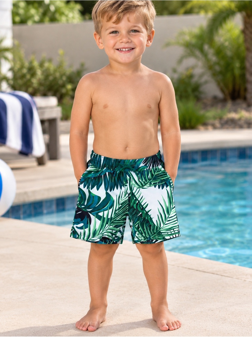 PatPat - Green & White Tropical Palm Leaf Print Swim Shorts - Size 3-4Y - NWT